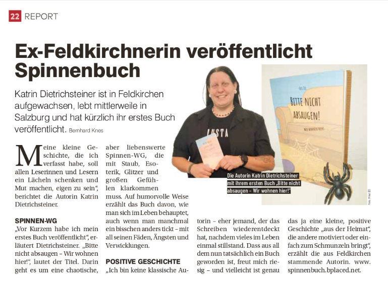 Zeitungsartikel Der Feldkirchner – Ex-Feldkirchnerin veröffentlicht Spinnenbuch